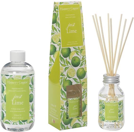 Hassett Green London - Just Lime - Reed Diffuser and Refill Combination Set - 100ml Glass Bottle with 8 Rattan Reed Sticks plus Larger Size 250ml Refill Bottle