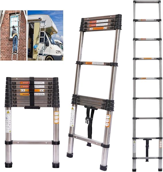 2.6M Telescopic Ladder, Stainless Steel Lightweight Extension Ladder 8.5FT, Non-Slip Feet, Load 150kg/330lb, Multi-Purpose Collapsible Ladder for Household Outdoor Working