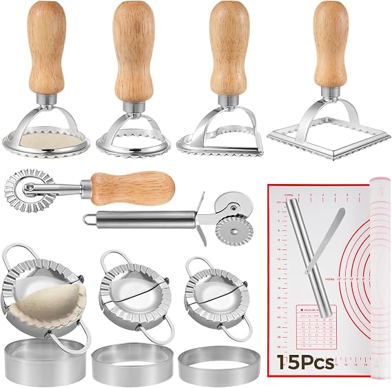 Ravioli Maker, 15 Pcs Dumpling Maker with Roller Wheel Set, Pasta Maker Mold with Wooden Handle and Fluted Edge, Ravioli Cutter and Press Stamp for Ravioli Pastry Empanadas and Home Kitchen DIY