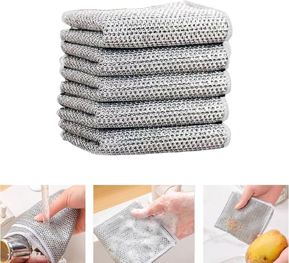 5 PCS Non-Scratch Wire Dishcloth, Multipurpose Wire Dishwashing Rags for Wet and Dry,Steel Wire Dish Towel,Scrubs & Cleans for Dishes, Sinks, Counters, Stove Tops(Dual Layer), Small
