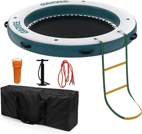 Inflatable Floating Dock for Lake River Pool, Marine-Grade PVC Brushed Fabric Water Platform with Stainless Steel d-Rings, Galvanised Hooks, Anchor Rope, Carry Bag, Ladder and Pump, Non-Slip Multi-Per
