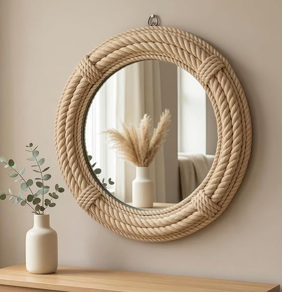 16" Inch Round Rustic Farmhouse Boho Shabby Chic Wall Hanging Mirror with Natural Jute Rope Decor Accent for Entryway, Bedroom, or Living Room (Color 4)