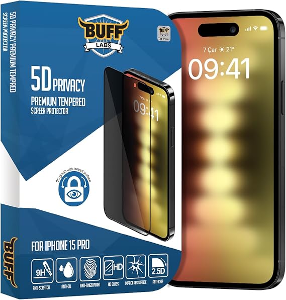 Buff, iPhone 15 Pro ile Uyumlu 5D Privacy Hayalet Ekran Koruyucu, BF2252, Siyah