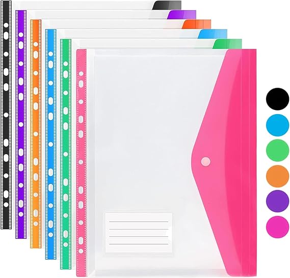 Plastic Wallets A4 Punched Pockets, 6PCS Expandable A4 Folders, Plastic Document Files with Button and Label Tab Card, 11 Holes Large Capacity Binder Poly Pockets for School Home Office (Horizontal)