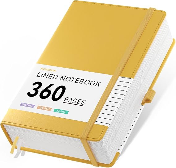 Notebook A5 Lined Journal,Hardcover Leather Journal with 360 Pages 100gsm Thick Paper, Index Tabs,College Ruled Notebook for Women Men Writing Work School Office,14.5 x 21cm - Yellow