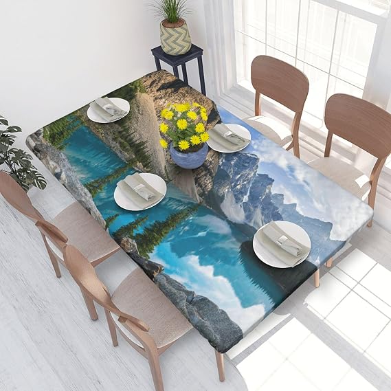 Elastic Fitted Rectangle Tablecloth for 4ft Tables, Rocky Mountains Printed Oilproof & Washable Fabric Picnic Table Cloth Table Covers