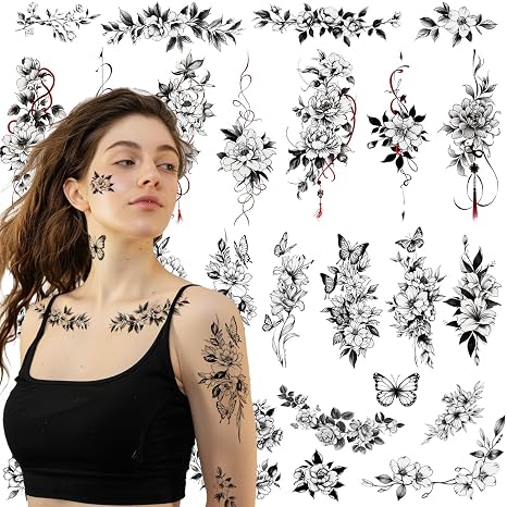 CHARLENT 28 Stück Große Blumen Temporäre Tattoos für Damen Rosen Motive