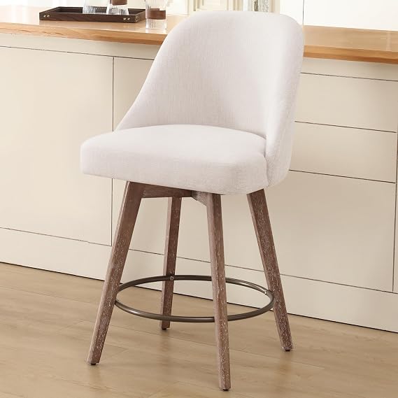 Bekrvio Counter Height Bar Stool, Mid-Century Modern Swivel Barstools with Back and Wood Legs, Linen Fabric Upholstered Chairs 65CM Seat Height Counter Stools (Linen Off White, 1PCS)
