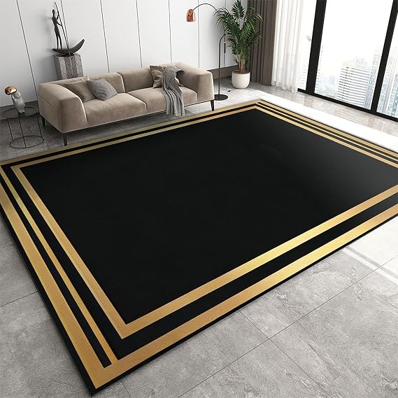 Black Gold Rectangular Border Area Carpet, 160x230cm, Luxury Nordic Minimalist Art Kitchen Rugs, Low Pile Soft Foldable No Crease Home Decor Easy Clean Non Slip Rugs for Nursery