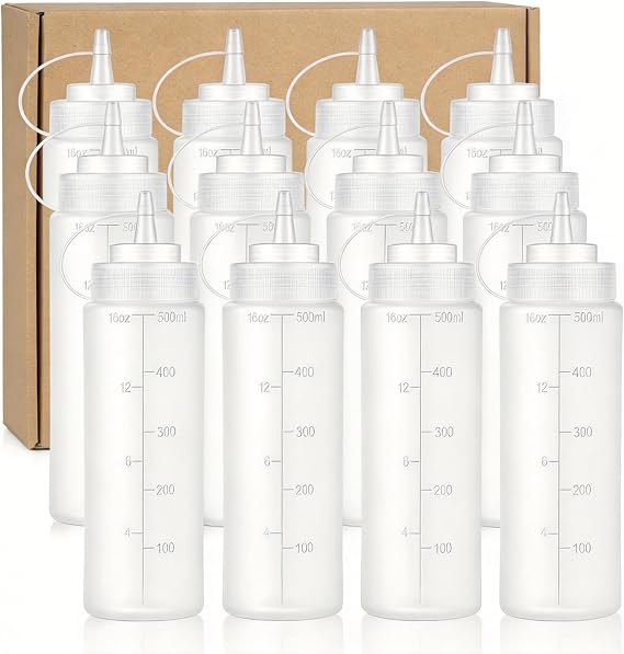 12 Pack Condiment Squeeze Bottles, 16oz / 500ML Empty Squirt Bottle with Twist Top Cap, Leak Proof - Great for Ketchup, Mustard, Syrup, Sauces, Dressing, Oil, Arts and Crafts
