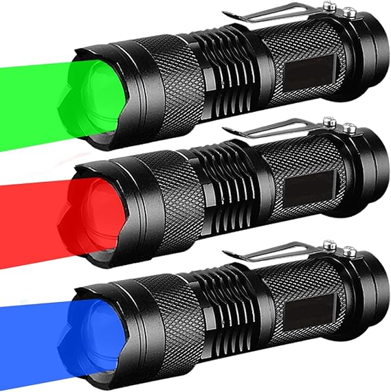 LED Torch 3 Pack Red Green Blue Light 3 Light Modes Zoomable Outdoor Flashlight with Waterproof Clip Flashlight for Outdoor Camping, Hiking, Fishing, Emergency [Energy Class E]