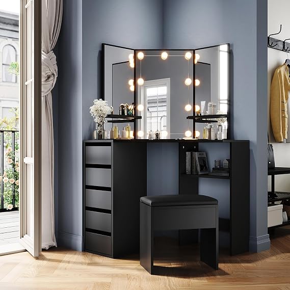 Corner Dressing Table Set with 3 Angle Mirrors and LED Lights, Vanity Table with Adjustable Brightness, White Corner Desk with Stool, Makeup Desk with Drawers, 78.5x78.5x141.5cm