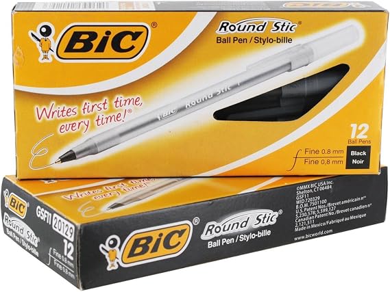 BIC Round Stic Ball Pen, Fine Point, 0.8 mm, Black Ink, Pack of 24 (GSF11BK)