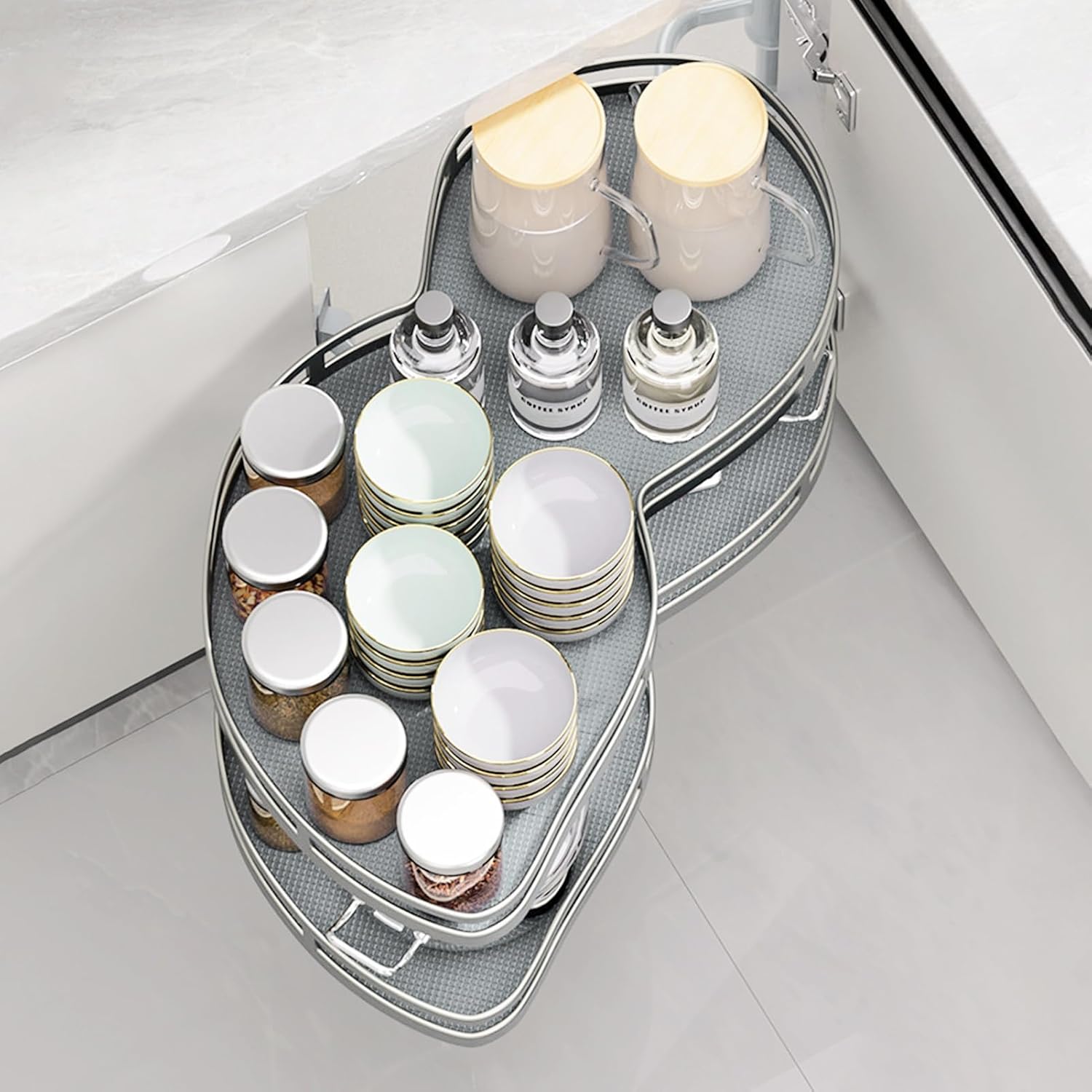 Cupboard Organisers, 270° Rotating Blind Corner Pull out Kitchen Storage with 66lbs Load Capacity, Adjustable Tray Height, Slide out Drawers for Kitchen Cupboards, Easy to Install 1 Set