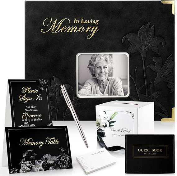 Memory Book for Funeral, Condolence & Remembrance Book Set with 50 Cards