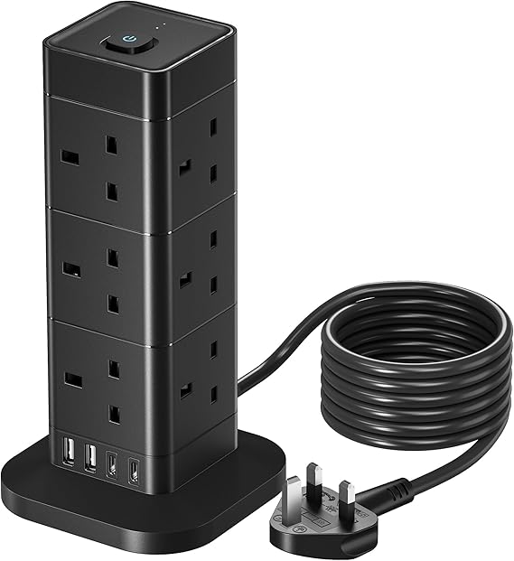 5M Tower Extension Lead with USB Slots, Hotimy 12 AC Outlets Surge Protected Extension Lead with 4 USB Ports Power Strip Multi Socket Plug Extension Black Extension Cords for Home，Kitchen，Office