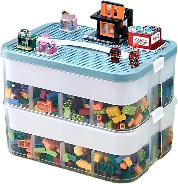 Lego Storage Box, Kids Toy Storage Organizer, Stackable Plastic Container with Lid & Handle, Multi Compartment Chest Case for Building Blocks, Crafts, Jewelry, Beads, Tools, Toys (2-Tier Green)