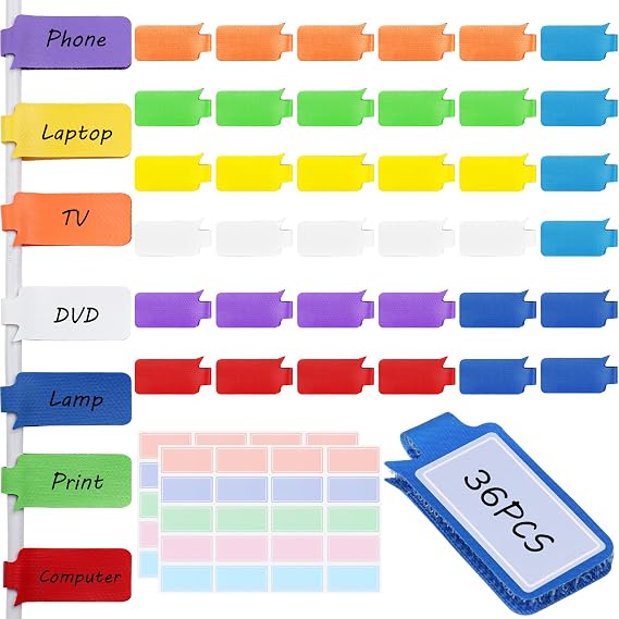 Summerbrite 36PCS Cable Labels Write On Cord Labels with 8 Colors Cable Tags with Colored Label Paper Cable Markers Reusable for Cable Management and Identification(Rectangle)