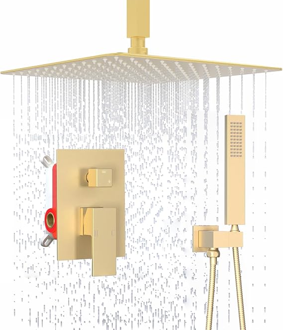Brushed Gold Concealed Shower Mixer Set, 16 Inch Rainfall Shower Head with Handheld Spray, 2 Way Shower System with Rough-in Valve, High Pressure Ceiling Mounted Shower Set