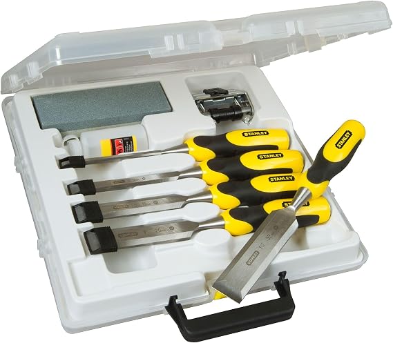 STANLEY Wood Chisel Kit (5 Pieces), Formones, Dynagrip, Carbon Steel Blade, Includes Whetstone/Oil/Case Sizes: 6, 12, 18, 25, 32 mm, 5-16-421