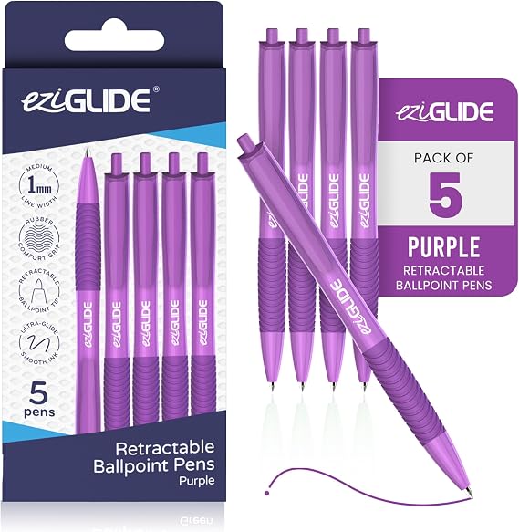 Eziglide Retractable Ballpoint Pens, Pack of 5 Pens Purple Ink, Smooth Writing Ballpoint Pens for Writing, Note-Taking & Everyday Use, Great for Office, School & Home