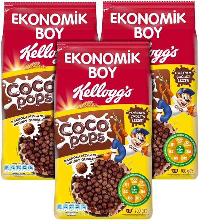 Kellogg's Coco Pops Çikolatalı Buğday ve Mısır Gevreği 700 Gr x 3 Adet, Lif, Demir ve 6 Vitamin içerir
