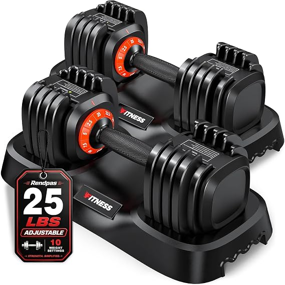 Rendpas Adjustable Dumbbells Set of 2, 1 Hand Adjustable Weights Dumbbells Set, 5 in 1/10 in 1 Free Dumbbell with Anti-Slip Texture Handle, 25/55/80lb Pair Weight Set For Home Gym Suit both Men and