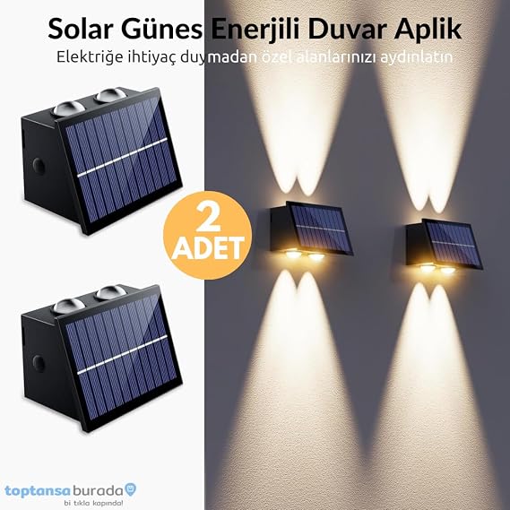 TechnoSmart 2Adet Güneş Enerjili Çift Taraflı 4 Ledli Aplik Sarı Işık Duvar Lambası Bahçe Aydınlatma