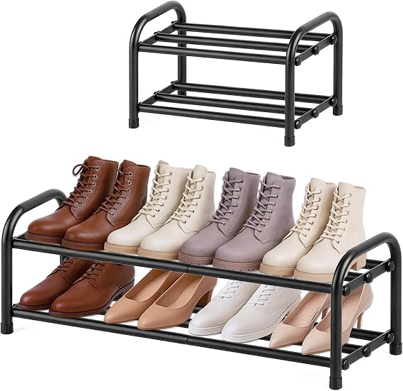 Extendable Small Metal Shoe Rack, 2 Tier, Black
