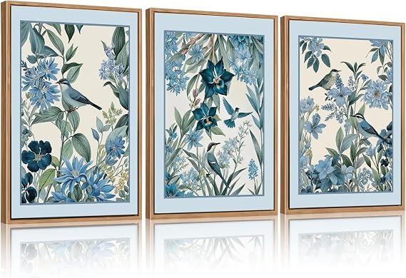 ANHUIB Vintage Blue Birds and Botanical Framed Wall Art Set Classic Chinoiserie Audubon Bird Canvas Artwork Abstract Watercolor Flowers Floral Framed Print for Bedroom Living Room Office Home 30×40cm
