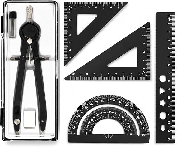6 Pcs Geometry Set Maths Compass Sets Aluminum Alloy Maths Sets Including Protractor Compass Ruler and Eraser for Student Teacher Engineers