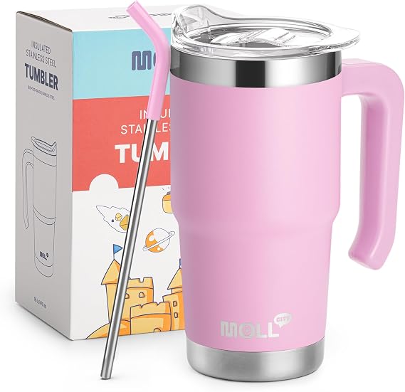 Yalıtımlı Saplı Bardak 16oz Paslanmaz Çelik Çift Duvar Vakumlu Bardak Bardak Kapaklı ve Pipetli Seyahat Kahve Kupası (Mor Pembe)