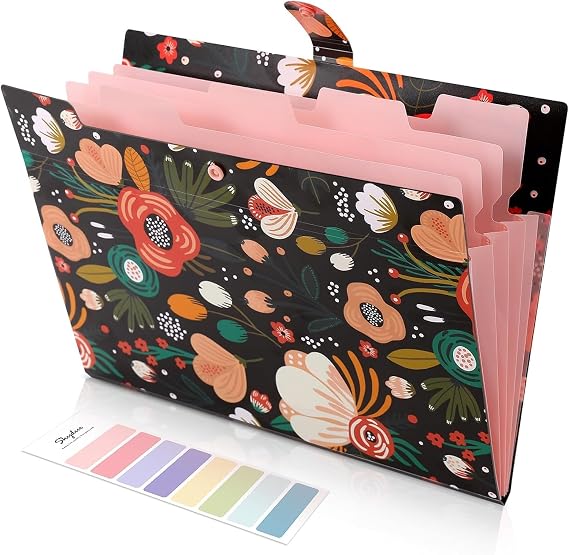 SKYDUE Expanding Folder Document Bag A4 with Colourful Labels Expandable Folder Folder System with Press Stud Button Document Folder for Office Home School Everyday (Black Flower 5 Pockets)