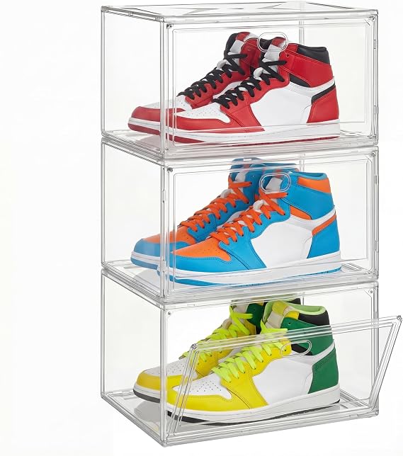 SONGMICS Clear Stackable Shoe Boxes, Fits Shoes up to UK Size 13, Set of 3