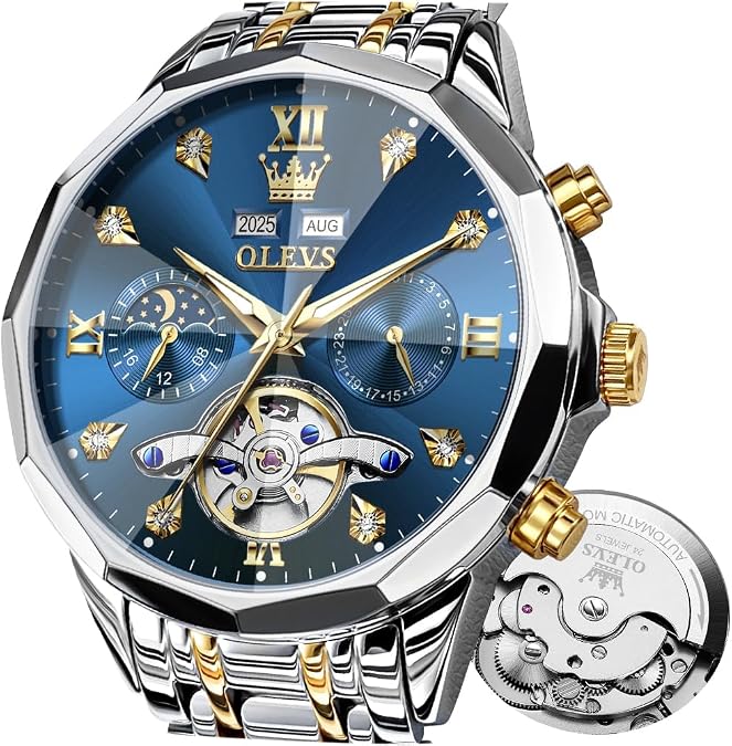 OLEVS Automatic Watch for Men Luxury Diamond Self Winding Multifunctional Men's Calendar Watch Stainless Steel Waterproof Luminous Male Watch