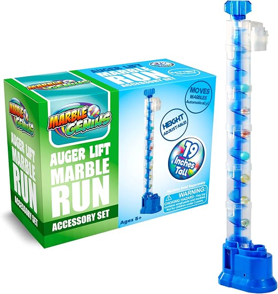 Marble Genius Expandable Auger Lift, Marble Run Accessory Set, Automatically Lifts Marbles Up To 19" Endless loops for racing. Batteries not included. Ages 5+. Blue