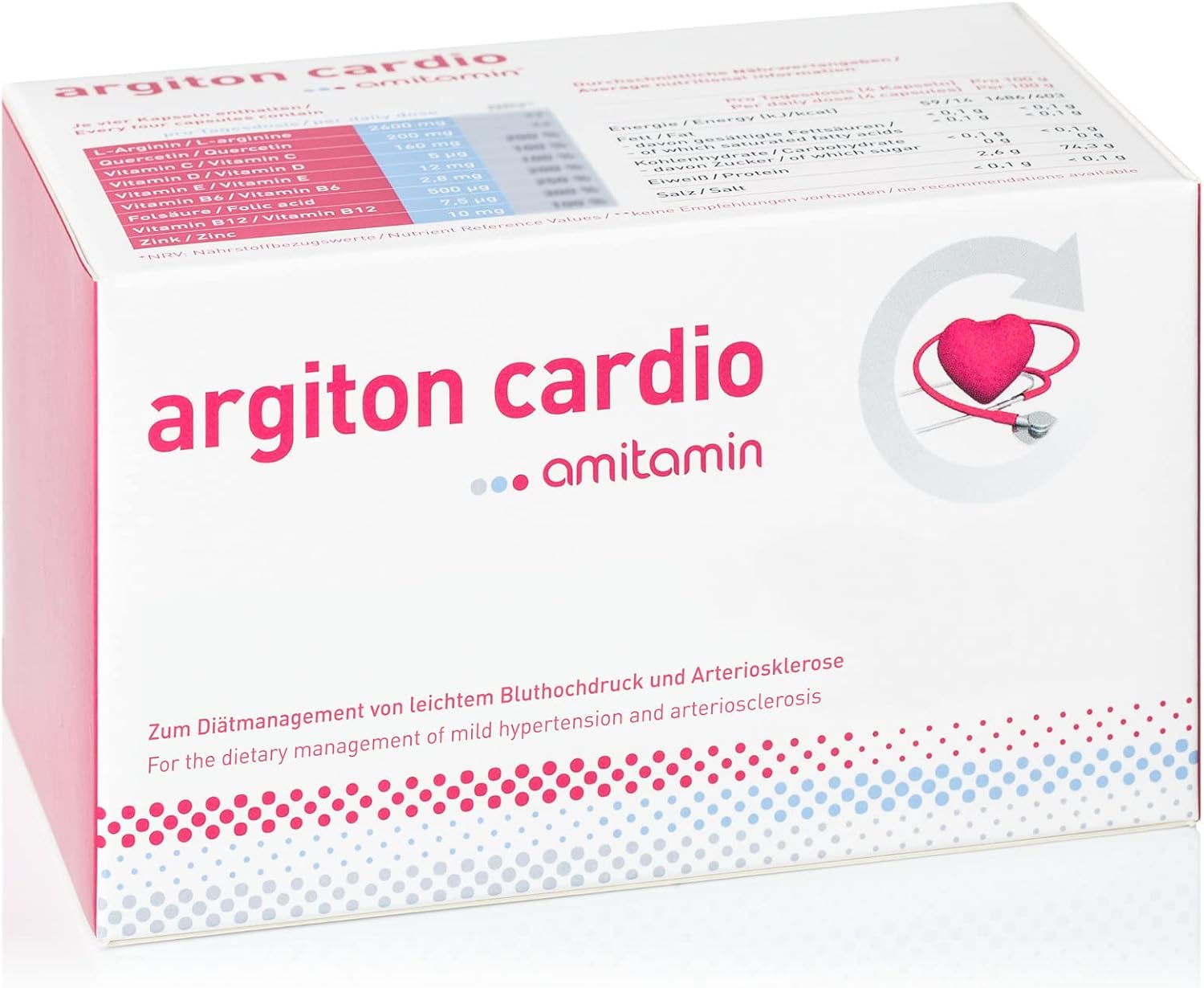amitamin argiton cardio for blood pressure heart vessels pharmacy quality 120 capsules complex formula with L-arginine vitamins B6 12 CD E folic acid sodium and zinc