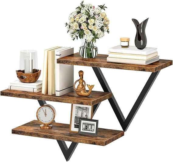 Rustic Brown Floating Shelves Set of 3, Diamond-Shape Wall Mounted Storage Rack Living Room Bedroom Kitchen, Industrial Decor Shelf 16.5 Inch