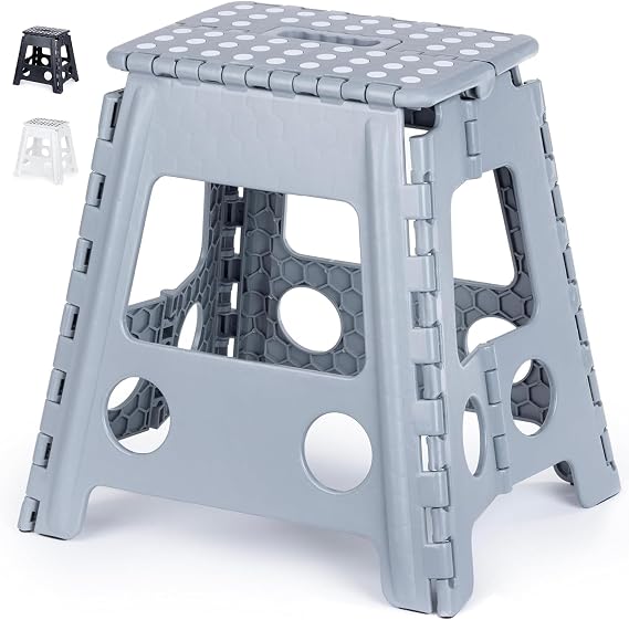 LIVIVO Folding Step Stool – Compact and Lightweight Two Tier Anti Slip Stepping Stool - Folds Flat with Carry Handle for Easy Storage and Transport (Grey)