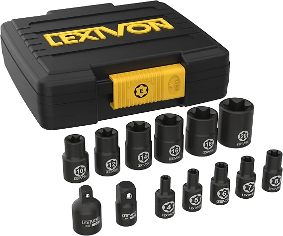 Lexivon E-TORX Base Set Chrome Vanadium Alloy Steel 13 Piece Female Star Socket E4 - E20 Set Improved Storage (LX-147)
