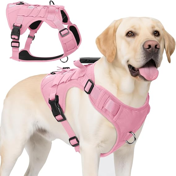 Tactical Dog Harness for Medium and Large Dogs, No Pull Dog Harness with Handle, Heavy Duty Adjustable Pet Harnesses Vest for Dogs Training and Walking, Easy Control & Escape-Proof (Pink, L)