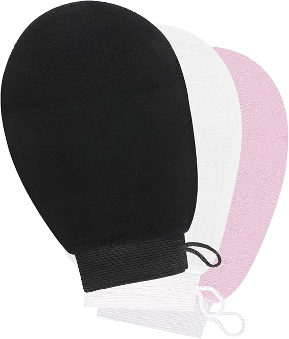 3 Colours Exfoliating Mitt Glove, Body Scrub Bath Spa Shower Gloves, Body Leg Scrubber Soft Remover Shower Body Scrub Gloves for Women and Men (Black, pink, white)