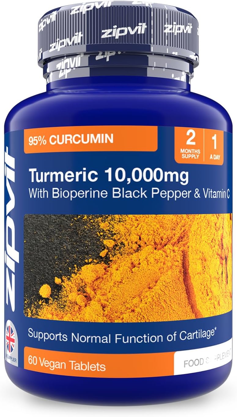 Zipvit Turmeric Tablets 10,000mg Providing 95% Active Curcumin with Bioperine Black Pepper & Vitamin C, 60 Vegan Tablets, 1 a Day, 2 Month Supply