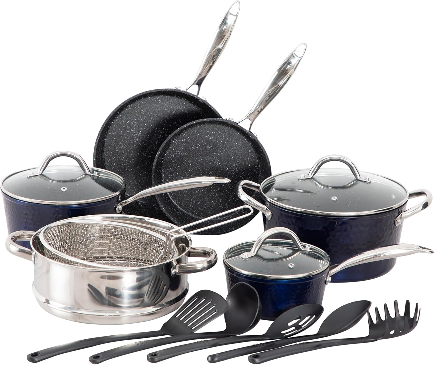 Kitchen Academy 15 Pieces Non-Stick Cookware Set, Nonstick Induction Granite-Coated Pot Pan Set, Includes Lids, Frying and Pans Accessories - Aluminium Hammered Blue