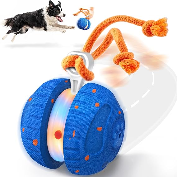 HETOO Dog Toys, Random Path Rolling Dog Ball with Rope