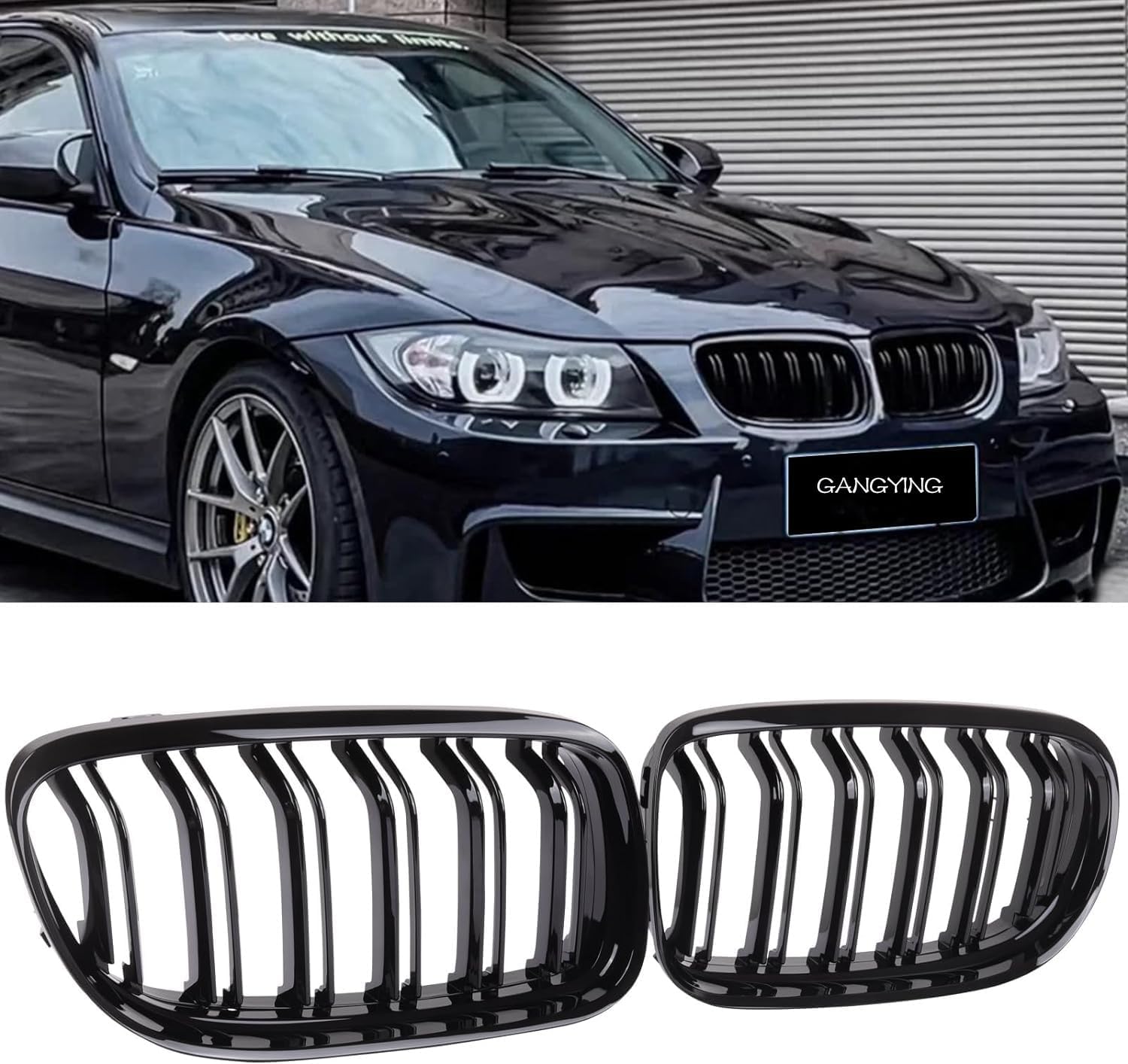 E90 E91 Radiator Grille Compatible for BMW 3 Series E90 E91 LCI Kidney Grill Front 2009-2011 Double Grilles Black Gloss