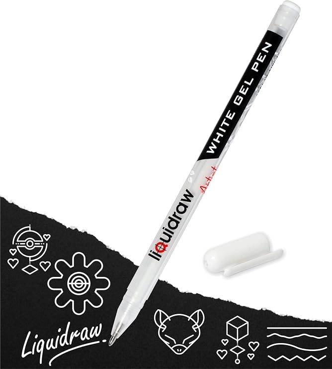 Liquidraw White Gel Pen | 0.8 mm Fine Point Gel Pen For Artists | Ideal for Highlighting, Colouring, Drawing, Writing & Sketching | Ideal for Writing On Black Paper | Must-Have Art Supplies
