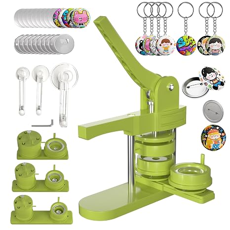 353Pcs Pin Maker Machine Kit, 1+1.25+2.25 inch Multiple Sizes Button Maker Machine, 300 Buttons, 30 Fridge Magnets, 10 Bottle Openers, 10 Keychains, 3 Circle Cutters (Green)