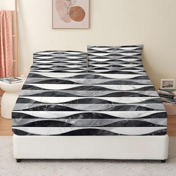 Abstract Single Fitted Sheet Lines Bed Sheets Deep Pocket 12 inch (30 cm) Soft Cozy 3 Piece Microfibre Bed Sheet 90x190 cm with 2 Pillowcases 50x75 cm