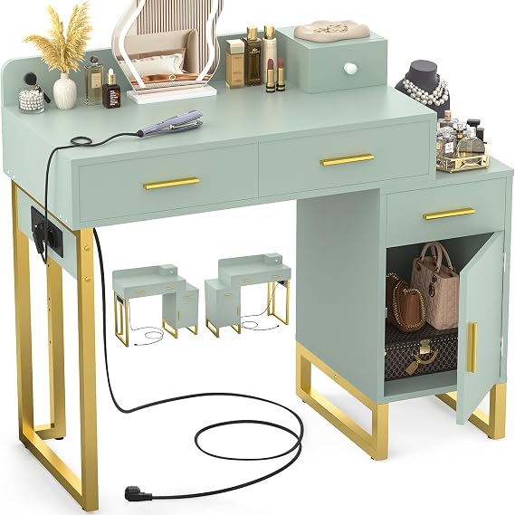 iSunirm White Makeup Vanity with USB and Type-C Charging Station, Makeup Table with 4 Drawers and Reversible Cabinet, Modern Dressing Table Desk for Women and Girls Bedroom 90x40x76cm